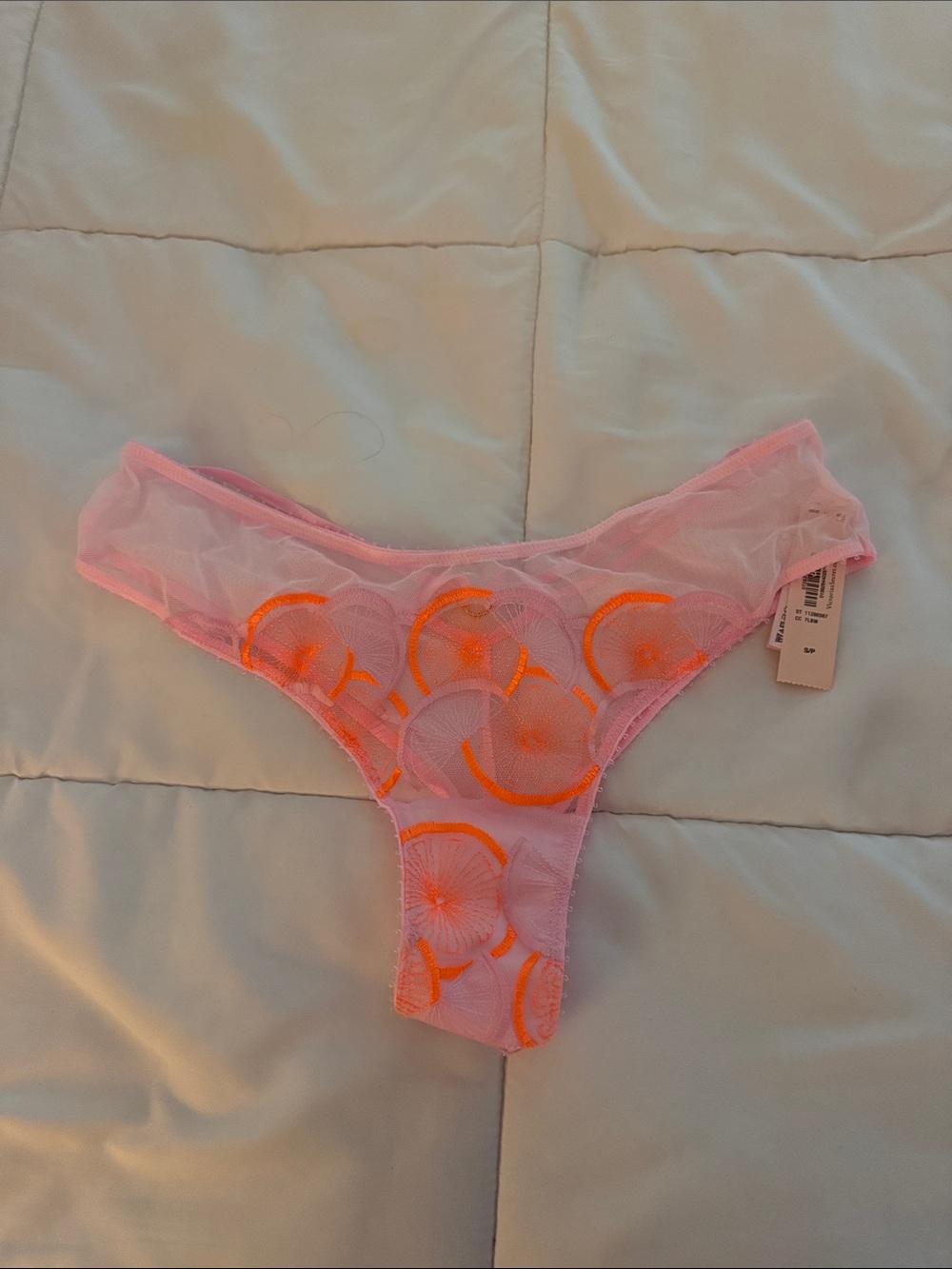 Victoria's Secret Pink Mesh Thong with Orange Floral Accents